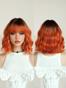 7JHH WIGS 女士短款波浪橙色渐变波波头假发，带刘海，12英寸短款波浪卷发，深色发根，自然合成纤维，耐热假发，适合日常角色扮演、音乐节派对等场合佩戴。 - 亮橙色 - 查看 6