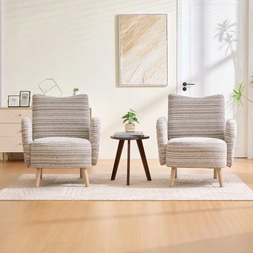 Modern Armchair, Fabric With Circular Pattern, With Side Pocket, Solid Wood Legs, Comfortable Reading Chair, Living Room, Bedroom, Office - Khaki - View 1