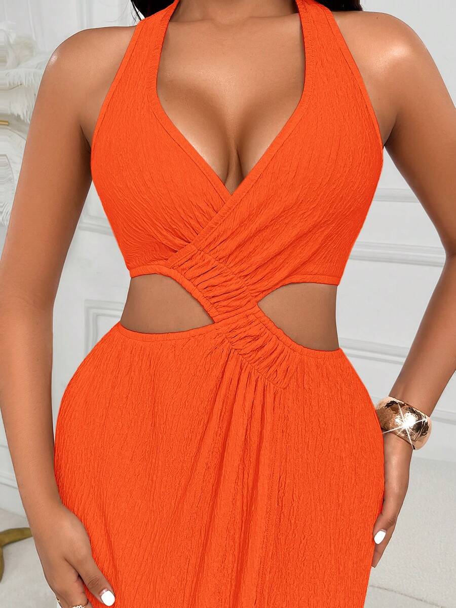 AIJ Amarilo Sexy Party Spaghetti Strap Sleeveless Bodycon Knit Maxi Dress With Alluring Thigh-High Slit Elegant Summer - Orange - View 1