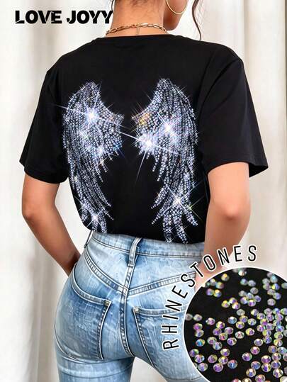 LOVE JOYY Women's Loose Rhinestone Angel Wings Black Crew Neck Short Sleeve T-Shirt, Fashionable Casual & Comfortable, Sparkling Rhinestone Decor On Back, Drop Shoulder Design Top, Suitable For Campus, Vacation, Home, Daily Wear, Also A Choice For Summer Party