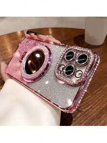 Ốp điện thoại mạ điện sang trọng đính đá lấp lấp lánh, gương trang điểm có chân đế từ tính, tương thích với iPhone 16E 15 14 13 12 Pro Max 14 15 Plus 11, Galaxy A13 A14 A15 S23 S24 S25 EDGE, Mate 50 60 X9a X9b, Magic 5 Lite 6 Lite, phiên bản quốc tế, không phải phiên bản nội địa. - Hồng - Xem 3
