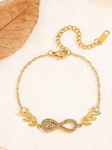 18K镀金水晶无限符号和月桂叶手链，波西米亚风金色夏季海滩度假不锈钢精致可调节链条手链，女士款 - 金色 - 查看 7