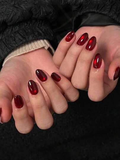 30 piezas de uñas postizas cortas con plumas borgoña, cuentas de vidrio y forma de ojo de gato, talla grande 1 pieza de gel de gelatina y 1 pieza de bloque de pulido de uñas