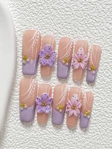 10Pcs Fresh Pastoral Style Handmade Nail Art Set,Polygel Nail Set,Golden Starfish,Forest Girl,Includes Nail Tools,3 Sizes Available,Almond Nails , Duck Nails,Coffin Nails For Party, Dance, Daily Wear. - 彩色 - 查看 4
