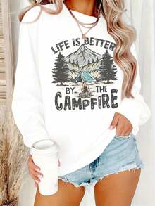 WomensCampGraphicSweaterLifeIsBetterByTheCampfireMountainAndPineTreeDesignWarmCrewNeckSweaterForAutumnWinterMediumElasticityCasualSweaterMachineWashab - 白色 - 查看 2