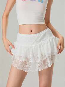 Women's Summer Low Waist Lace Ruffled Solid Color Skirt With Lined Shorts  Soft Flowy For Daily Date Vacation - 白色 - 查看 1