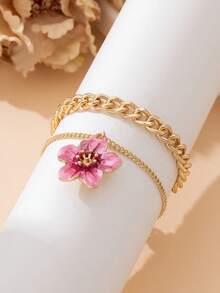 1 chiếc vòng chân nhiều lớp thời trang mùa hè mới, đa năng, kiểu Pháp cổ điển, thanh lịch, thủ công, nhuộm màu hồng hình hoa cà tím, mặt dây chuyền (Không kèm hộp quà) dành cho nữ - Hồng - Xem 2