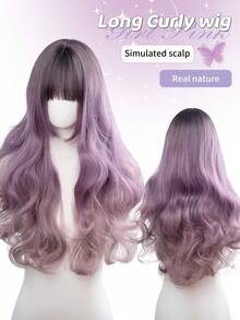 26-Inch Long Synthetic Wig Featuring A Natural Wavy Style In A Stunning Purple Gradient. Designed With Bangs , It Is Crafted From Heat-Resistant Fiber To Ensure Durability. This False Hairpiece Is Perfect For Daily Use, Offering A Natural And Realistic Appearance That Mimics. - Purple Ombre - View 1