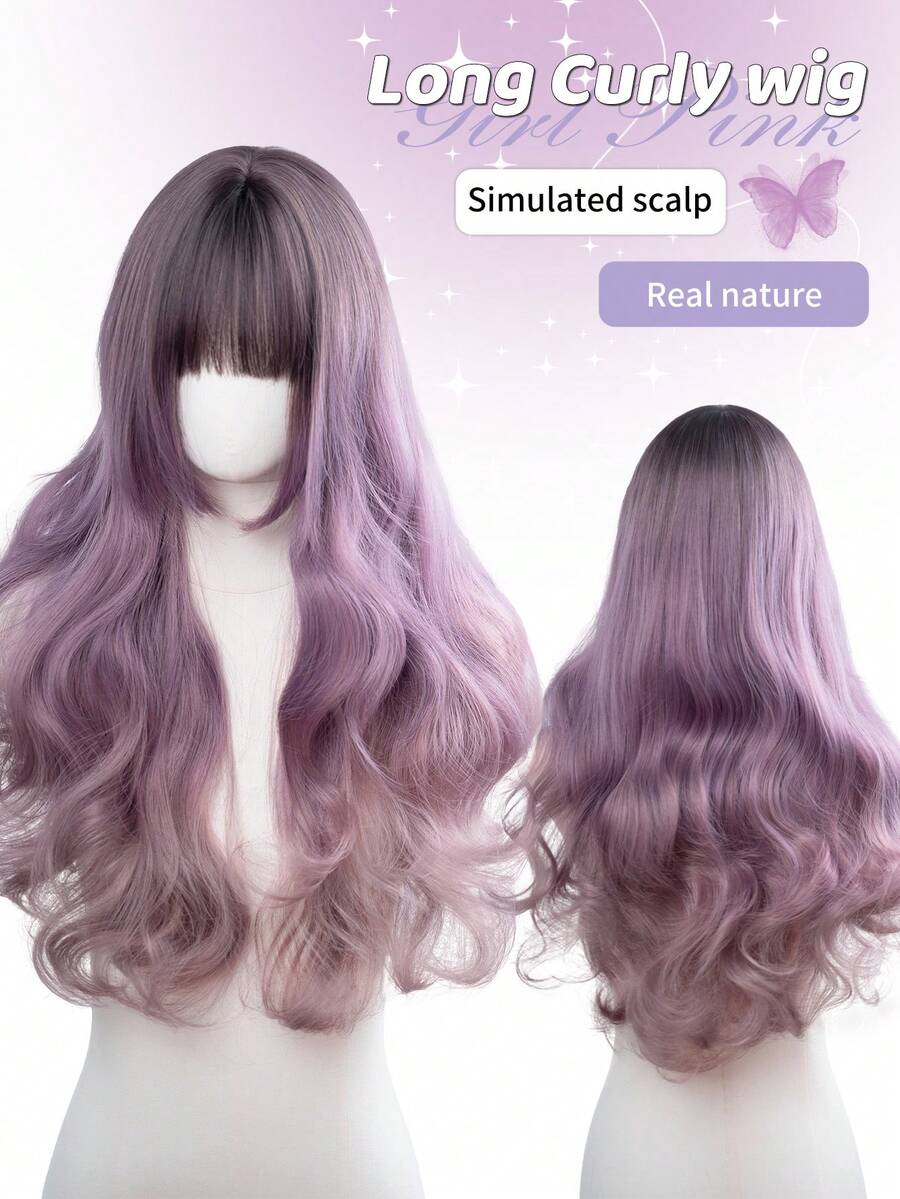 26-Inch Long Synthetic Wig Featuring A Natural Wavy Style In A Stunning Purple Gradient. Designed With Bangs , It Is Crafted From Heat-Resistant Fiber To Ensure Durability. This False Hairpiece Is Perfect For Daily Use, Offering A Natural And Realistic Appearance That Mimics. - Purple Ombre - View 1