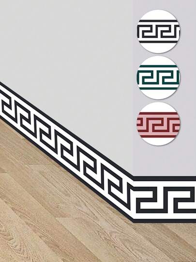 可剥离粘贴式多色希腊回纹踢脚线装饰条 1 卷，可移除 PVC 自粘墙贴墙纸边框（黑色/深绿色/酒红色），防水易清洁，适用于厨房浴室房间翻新，横向安装，易于裁剪尺寸，现代简约风格墙面装饰