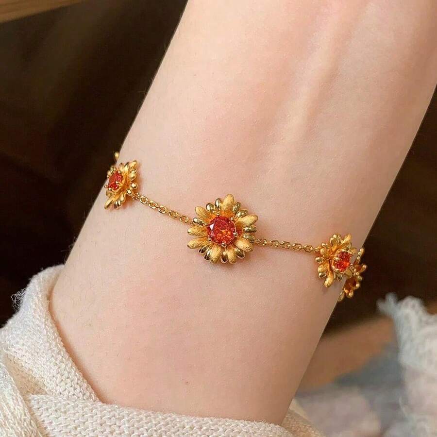 1pc Brushed Small Daisy Embellishment Orange Bracelet Layered Necklace Stud Earrings Accessories - Gold - View 1