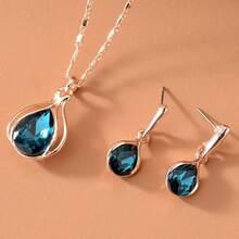Women's Fashionable Simple Water Drop Necklace And Earrings Jewelry Set, Artificial Crystal Pendant And Stud Earrings Two-Piece Gift Accessory, Gift For Relatives, Friends, Girls, Mothers, Birthday/Holiday/Evening/Party/Jewelry - 天藍色 - 查看 8