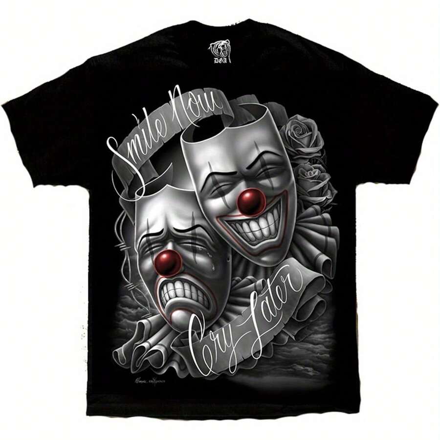 David Gonzales DGA T-Shirt Featuring Art With A Lowrider And The Phrase 'Smile Now Cry Later' Depicted On A Drama Mask - 黑色 - 查看 1
