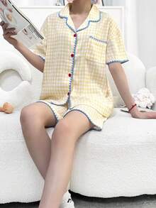 2pcs Women's Lapel Cardigan Pajama Set, Top With Front Pocket Design, Plaid Print Short Sleeve And Shorts, Casual Japanese/Korean Style, Easy Care Fabric - Yellow - View 8