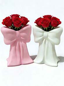 1个粉白蝴蝶结装饰花瓶，可爱丝带设计，陶瓷质感树脂材质，防滑设计，适合家居装饰、客厅摆件、卧室置物架展示和礼品赠送。 - 均碼 - 查看 6