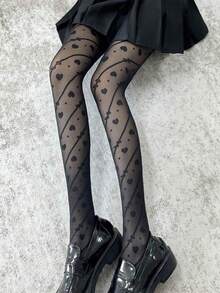 1件洛丽塔风格爱心图案性感日式校服连裤袜，黑/白丝袜 - 彩色 - 查看 5
