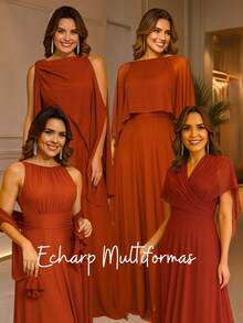 Long Party Dress With Chic Luxurious Terracotta Scarf. - Naranja Quemada - Ver 2
