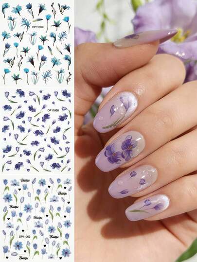 3 قطع ملصقات فنية للأظافر بطبعات زهور مائية باللون الأزرق والبنفسجي، ملصقات لاصقة ذاتيًا للتزيين اليدوي للأظافر، مناسبة للربيع والصيف وحفلات الموسيقى والمناسبات