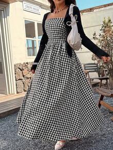 EARO 时尚女士长款挂脖格子连衣裙，甜美显瘦，夏季休闲度假装 - 白色 - 查看 5