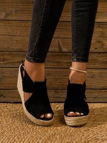 Velvet Fashion Button Closure Backstrap Lightweight Jute Rope Wedge Shoes For Women - Black - View 4