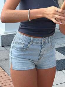 European And American Summer New Fashion Girls Tight Minimalist Basic Lifting Denim Shorts Casual - Light Wash - View 3