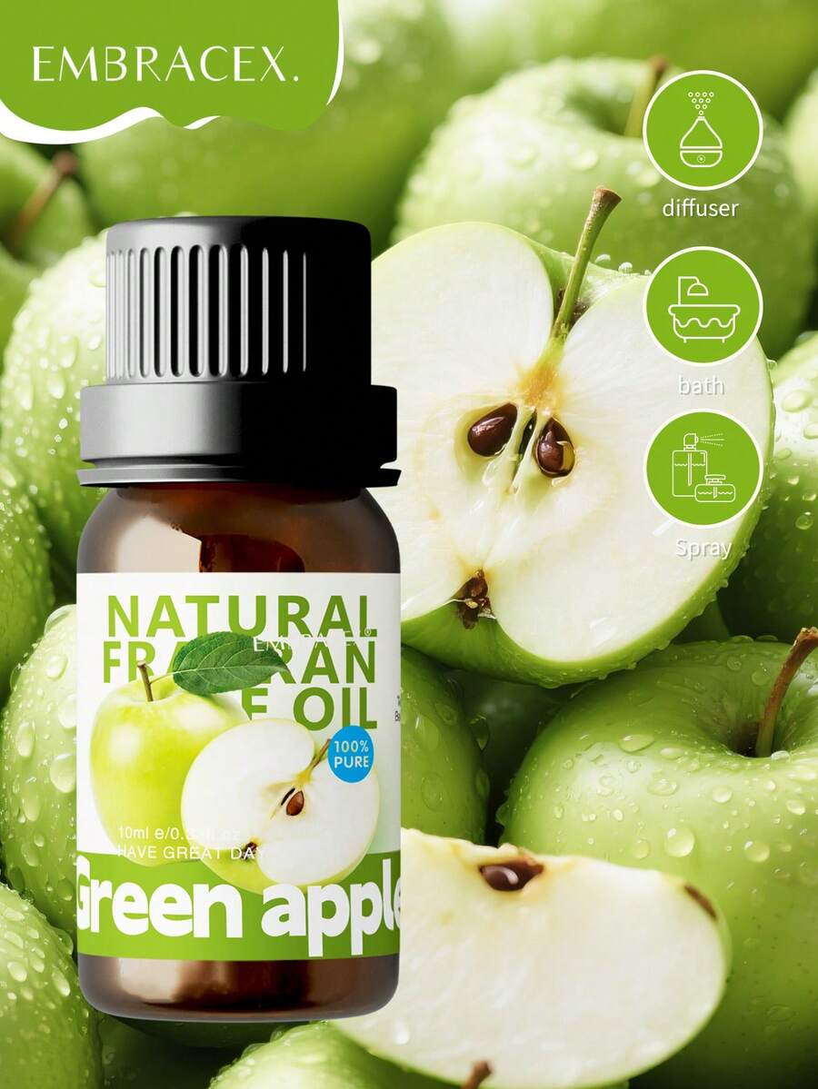 10ml Green Apple Essential Oil, Suitable For Aromatherapy, Home Fragrance Diffuser, Candle Making, Scent Diffuser - Fruit Aroma Fragrance Oil, Reed Diffuser, Home Fragrance, Holiday Gift, Rich Juice Scent