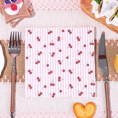 20/40/60 chiếc, Khăn giấy ăn dùng một lần chủ đề quả anh đào, họa tiết sọc hồng và in hình quả anh đào đỏ, khăn giấy trang trí dùng cho tiệc mùa hè, tiệc cưới, tiệc mừng em bé, sinh nhật, đồ dùng bàn tiệc chủ đề trái cây, kích thước 13*13 inch.