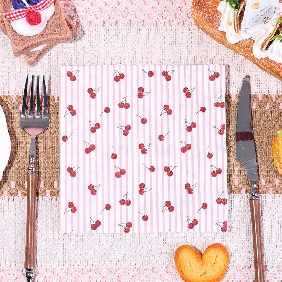 20/40/60入櫻桃主題派對餐巾紙,粉色條紋紅櫻桃印花一次性飲料與晚餐餐巾紙,裝飾用手巾紙,適合夏季野餐、新娘午餐會、生日、水果主題派對餐具用品,尺寸13*13英吋 - 多色 - 查看 1