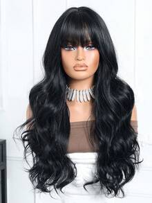 28英寸棕色波浪卷发合成假发，带刘海，耐热纤维，外观自然，适合日常佩戴、派对、上学、休闲、运动、学院风、万圣节、圣诞节礼物、送给女朋友的礼物 - 黑色 - 查看 5