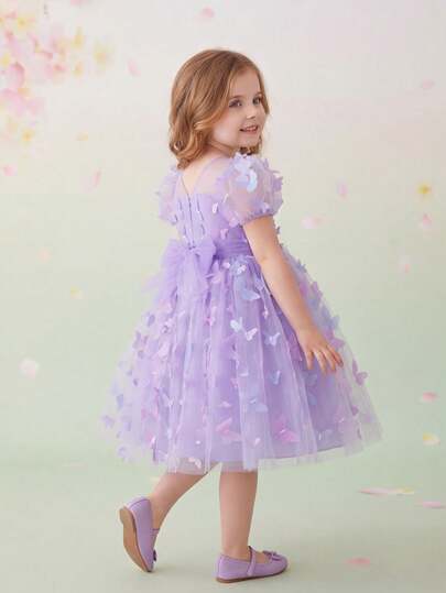 4Y-8Y Girls Princess Sweet Dreamy Butterfly Embroidery Mesh Patchwork Puff Sleeve A-Line Dress, Girls Party Dress Suitable For Birthday, Performance, Wedding, Holiday Photo Shoot, Purple Princess Dress, Girls Formal Dress, Girls Tulle Dress, Girls Party Dress, Birthday Dress, Flower Girl Dress, Spring/Summer/Autumn