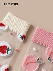 2双装女士透明草莓蜜桃色中筒袜，轻盈透气网眼袜，可爱水果长袜，适合夏季穿着 - 彩色 - 查看 4