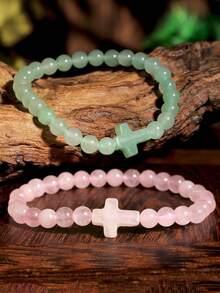 Natural Stone Cross Bracelet, Vintage 6mm Bead Quartz & Green Agate Beaded Bracelet, Energy Balancing Natural Stone Couple Bracelet - Multicolor - View 3