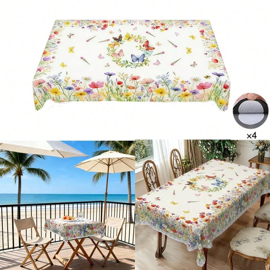 1 pieza Mantel con tema de boda, floral retro colorido con margaritas y mariposas, hecho con tecnología de impresión en poliéster, adecuado para uso diario en el hogar, cocina, comedor, picnic, patio, interior/exterior, fiesta de boda, cumpleaños, Día de la Madre y otras ocasiones - A - Ver 1
