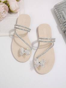 Summer New Rhinestone Strap Women's Flat Sandals, Slip-On Toe Comfortable Beach Style Sandals, Flip Flops - Silver - View 3