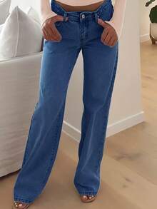 Light Blue Stretch-Free Women's Jeans, Loose Straight-Leg Slimming Women's Trousers - 深色水洗藍 - 查看 6