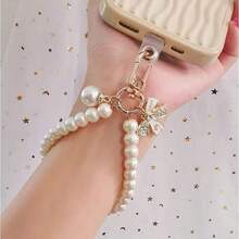 1 peça Cordão curto para celular com pingente de laço de strass, chaveiro de pulso moderno com pérolas artificiais - Multicolorido - Ver 2