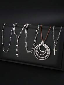 17KM 5pcs Minimalist Fashionable Exaggerated Silver Chunky Chain Cross Spiral Geometric Pendant Necklace Set, Long Y-Shaped Chain Necklace, Suitable For Girlfriend, Mom, Vacation, Date, Party, Wedding - Silver - View 7