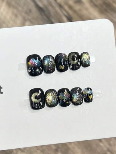 10片手工美甲片，方形圆形亚克力按压式美甲，短款，柔和黑色美甲，手绘彩色闪亮猫眼云月星云图案，前卫优雅简约春季假指甲，夏季美甲，适合派对、日常、约会、海滩、热带度假等场合，DIY美甲，适合女性和女孩作为礼物，美甲用品