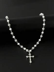Vintage Stylish Simple Rhinestone Cross Decorated Imitation Pearl Necklace, Men's Hip Hop Punk Jewelry For Elegant Charm, Bling Necklace, Pearl Chain Necklace - 銀色 - 查看 10