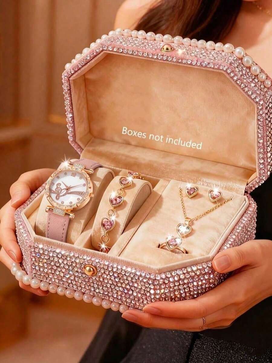 6入組女性手錶，時尚簡約桃紅色PU錶帶花卉刻度石英手錶，粉色鑲嵌鑽石珠寶套裝，假日項鍊手鏈戒指耳環套裝。粉色鑲嵌鑽石 - 粉色 - 查看 1