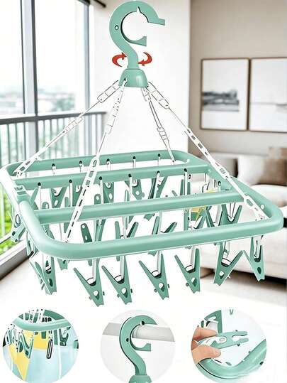 Socks Drying Rack, Hanger With 32 Clips, Indoor And Outdoor Use, Foldable Rotating Drying Rack, Suitable For Underwear, Socks, Small Items Of Clothing, Can Be Used On Outdoor Balconies - Space-Saving, No Power Required, Clothesline, Drying Rack, Laundry Room Essential