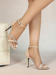 Women's Fashion High Heel Rhinestone Ballroom Party Black Thick Heel Zipper Roman Sandals,Summer Shoes - Apricot - View 6