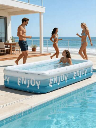 1 pièce Piscine gonflable à 3 couches, grande taille. Piscine gonflable épaisse et surdimensionnée pour intérieur et extérieur. Piscine pour fête aquatique familiale pour se rafraîchir en été. Piscine d'été pliable convenant pour la cour ou le jardin. Idéal pour le camping - Disponible en plusieurs tailles pour 1-6 personnes, bleu océan. Parfait pour les rassemblements, les événements musicaux et les loisirs en plein air. Cadeau d'été. Sans parasol. Pompe de gonflage vendue séparément. Aucun accessoire flottant inclus