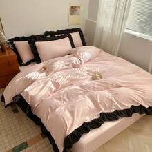 Bộ 3 món ga trải giường màu hồng kem mềm mại, có bèo nhún. - Màu be - Xem 2