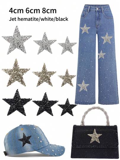 9PCS Set Of Star Iron-On Patches – Silver Glitter & Rhinestone Star Appliques For Clothing, Jeans, Shoes, Bags, And Hats – Repair, Decoration, And DIY Accessories