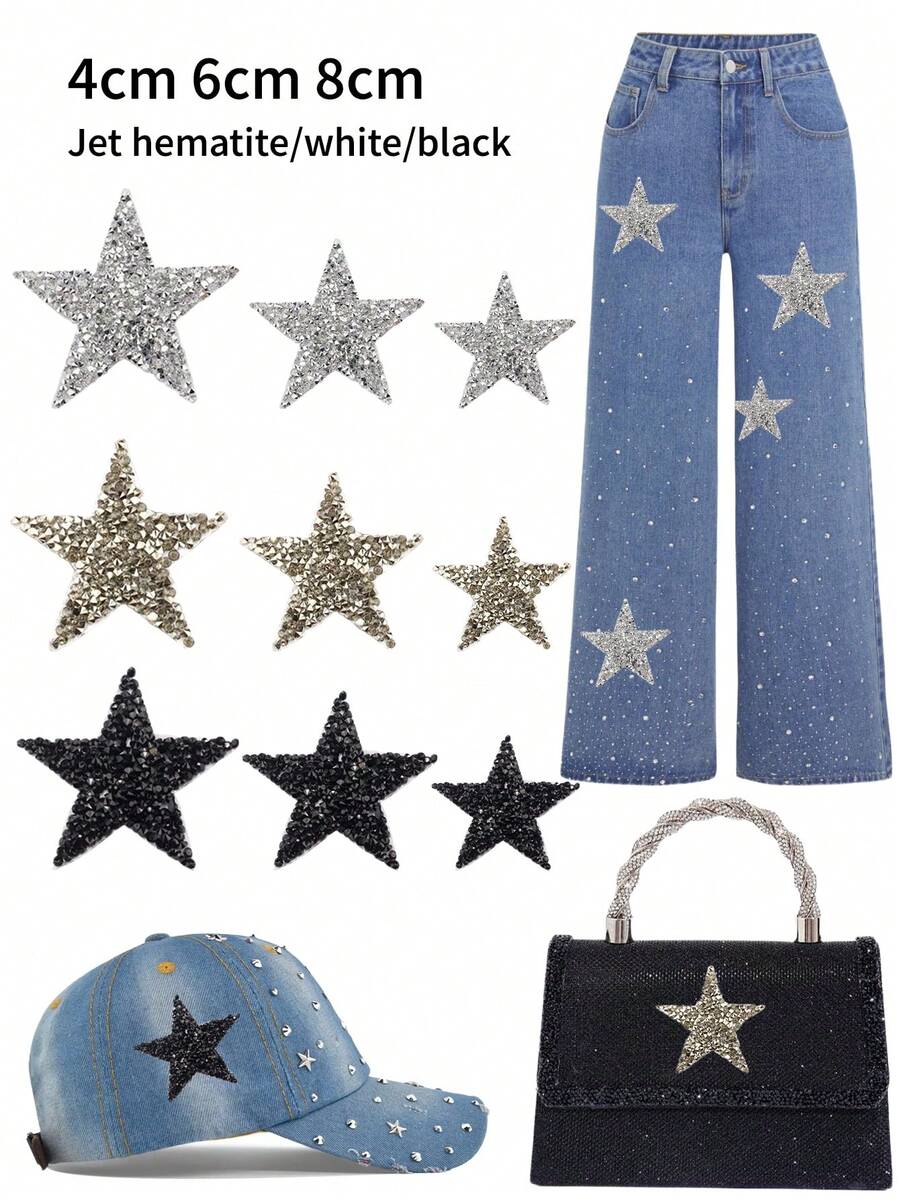 9件套星星熨烫贴片 – 银色闪光和水钻星星贴花，适用于服装、牛仔裤、鞋子、包包和帽子 – 修补、装饰和DIY配件 - 星星 - 查看 1