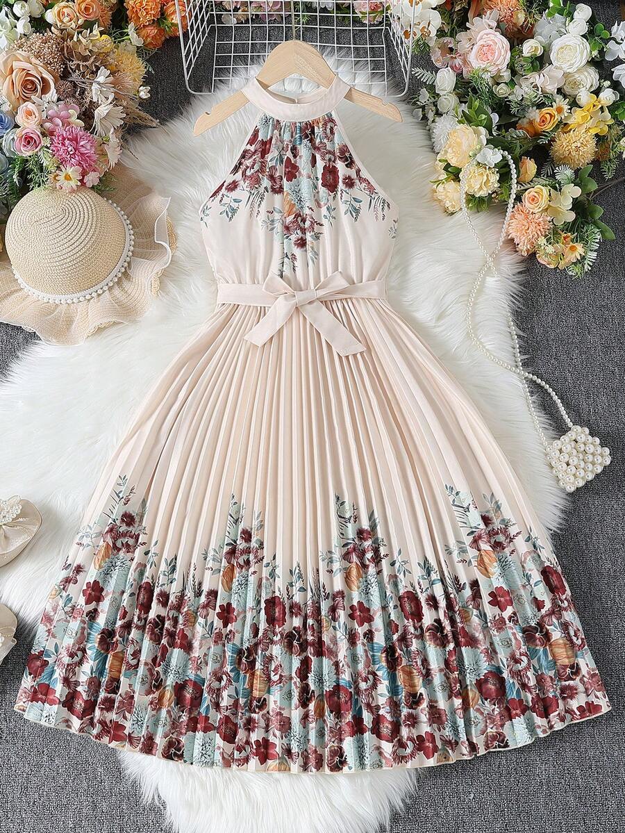 Summer Girls Ditsy Floral Round Neck Sleeveless Pleated Casual Dress - Apricot - View 1