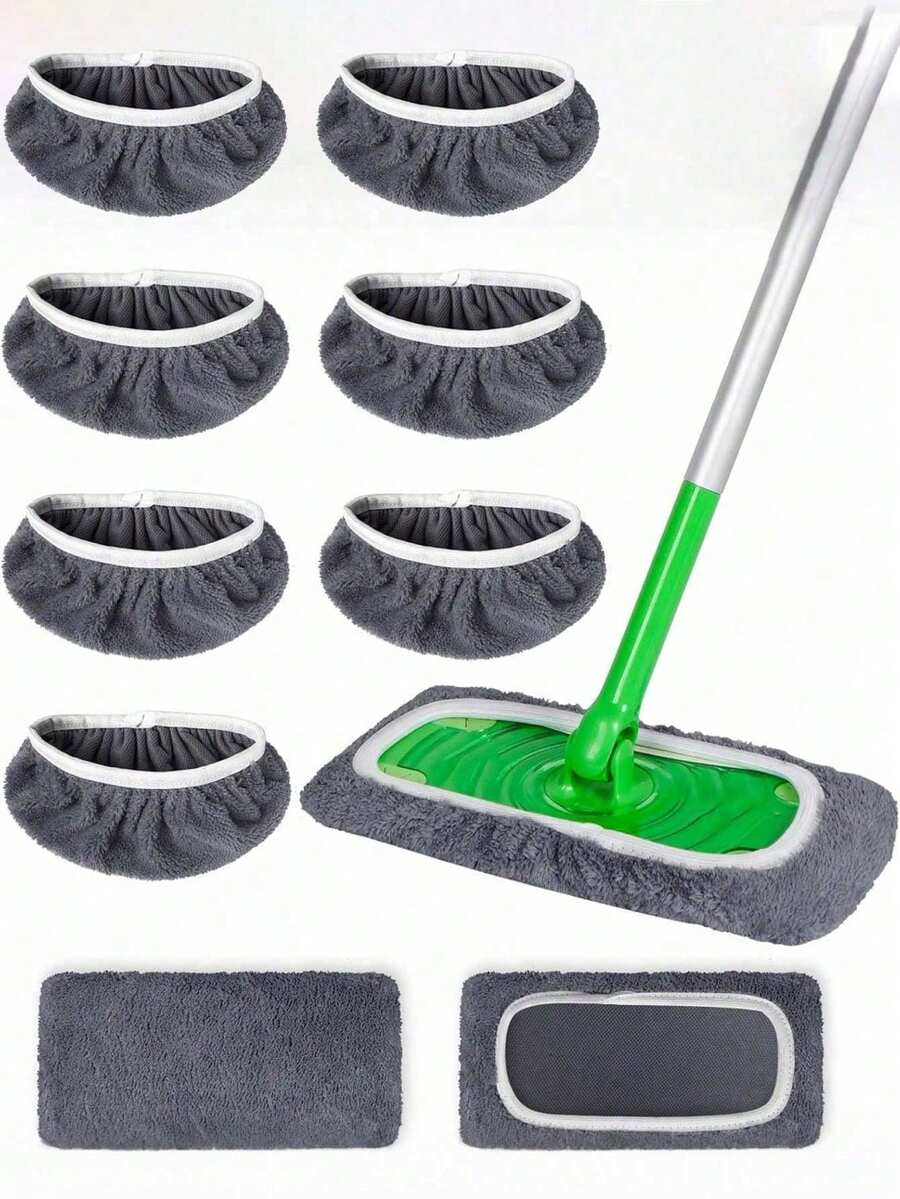 Bộ 4 miếng vải lau nhà phẳng tái sử dụng, dùng được cả khô và ướt, dụng cụ vệ sinh, màu xám, thích hợp cho phòng ngủ, phòng khách, nhà bếp.