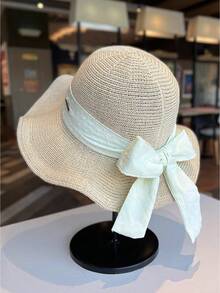 Mũ rơm mùa hè kiểu Hàn Quốc có nơ, vành lượn sóng, có thể gập lại, mũ tai bèo chống tia UV thời trang, mũ tai bèo thường ngày. - Mũ ngư dân - Xem 4