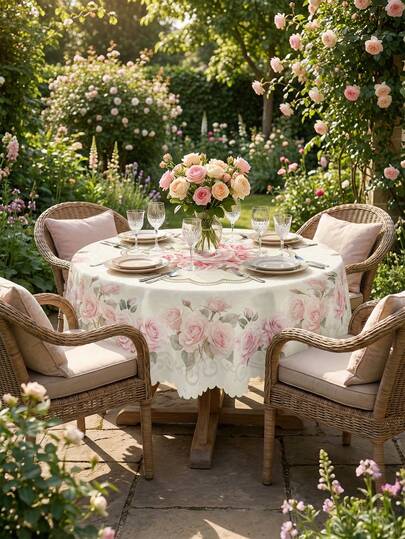 1 Khăn trải bàn hoa hồng màu hồng pastel, phong cách Boho Cottagecore, chất liệu polyester cao cấp, nhẹ, thoáng khí và chống nhăn, có tùy chọn hình tròn/chữ nhật với viền ren lượn sóng, họa tiết hoa in kỹ thuật số, hoàn hảo cho mùa xuân hè, lễ kỷ niệm Ngày của Mẹ.